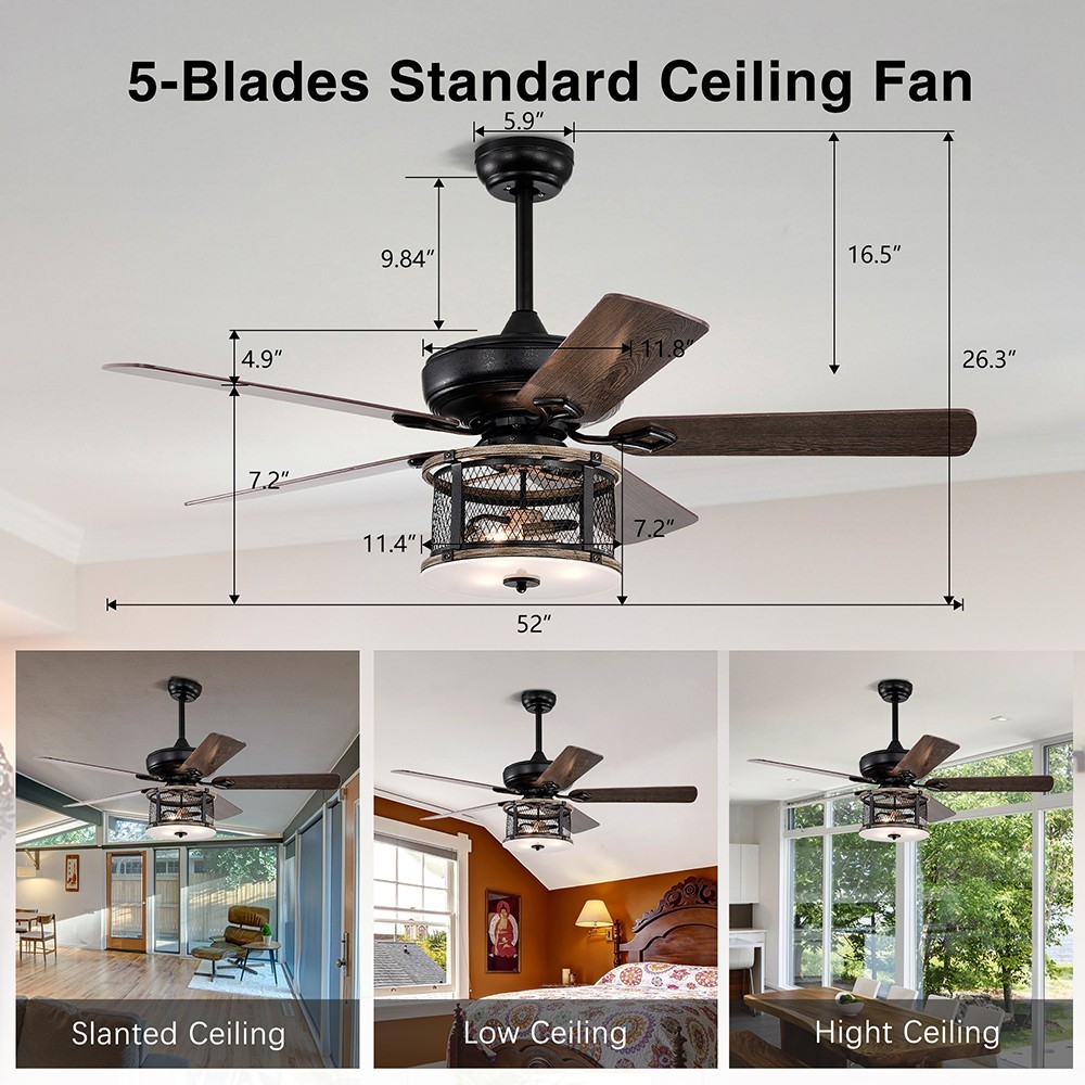 52 inch Industrial Style Ceiling Fan with Light Black