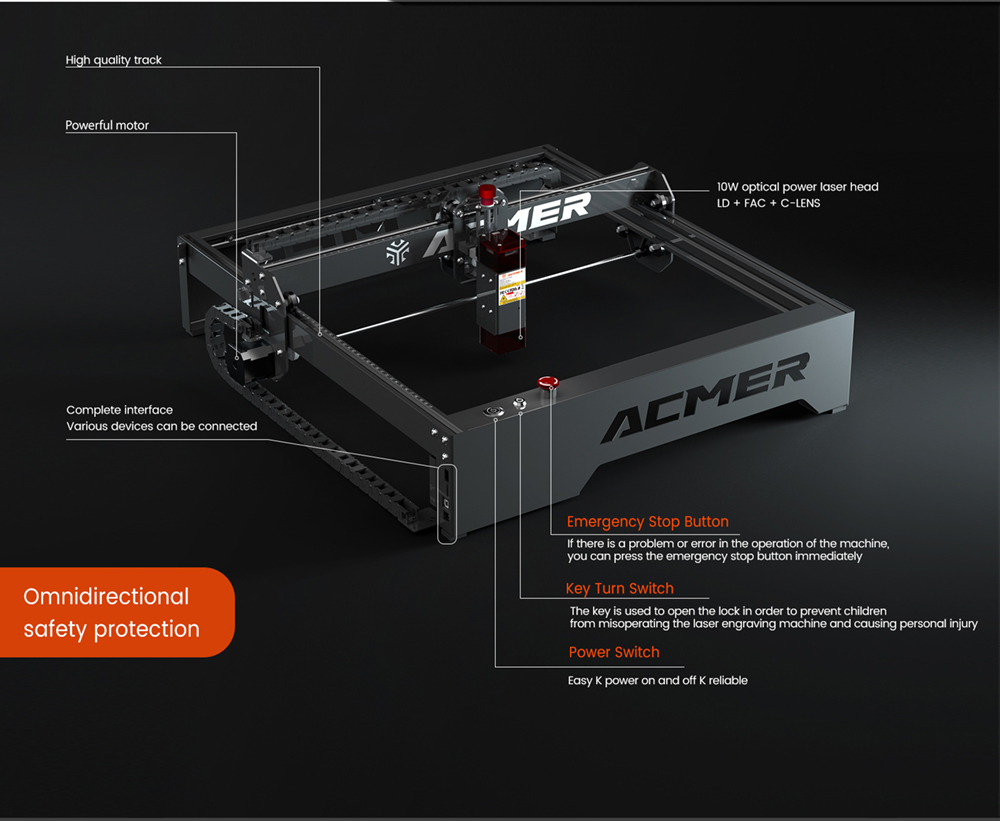 ACMER P1 10W laserová gravírovacia fréza, 0,05*0.06 mm bod, rýchlosť gravírovania 10000 mm/min, gravírovanie offline, 32-bitová základná doska, 400x410 mm