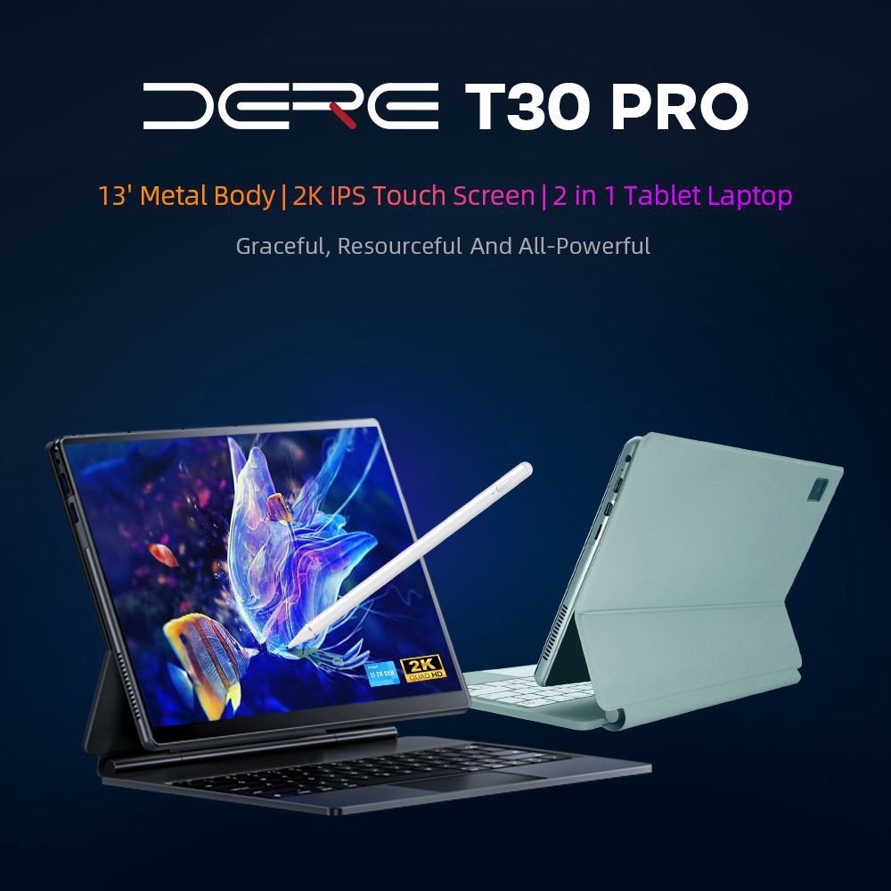 DERE T30 PRO 2-in-1 Laptop 13 inch 2K IPS Touch Screen, Tablet PC/Magic Keyboard + Stylus Pen, 16GB DDR4 512GB SSD Windows 11 Pro, 2.4G & 5G WiFi -Silver