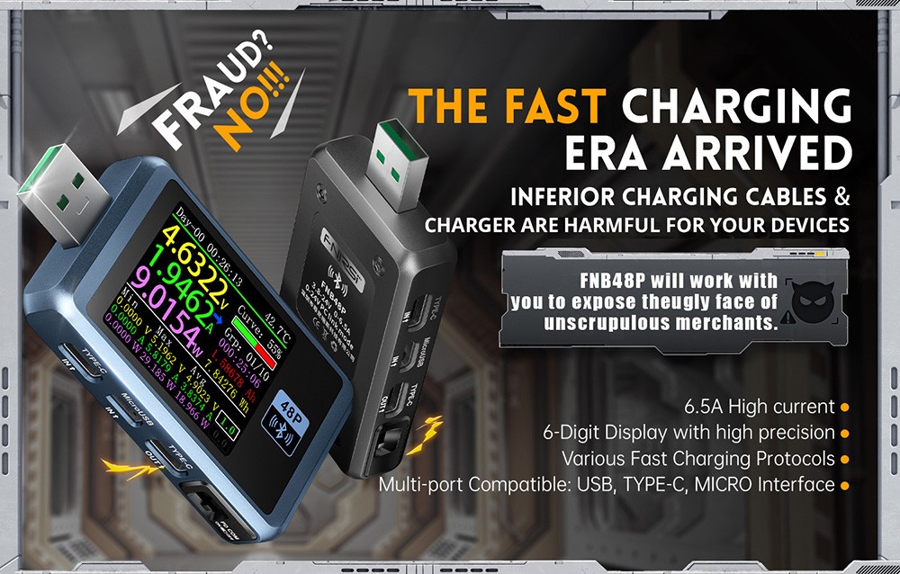 FNIRSI FNB48P USB Voltage Current Tester with Bluetooth, Fast Charge Detection, 4-24V Voltage, 6.5A High Current, 4 Function Curves, 5 Ports, Multiple Protocol Triggers, 1.77-inch TFT LCD Display