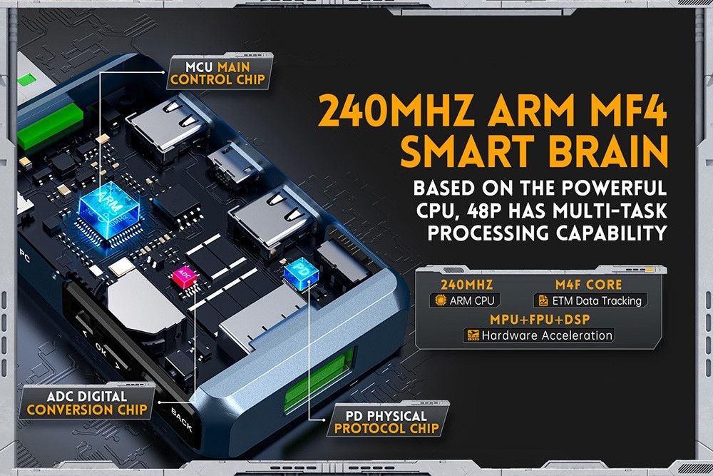 FNIRSI FNB48P USB Voltage Current Tester with Bluetooth, Fast Charge Detection, 4-24V Voltage, 6.5A High Current, 4 Function Curves, 5 Ports, Multiple Protocol Triggers, 1.77-inch TFT LCD Display