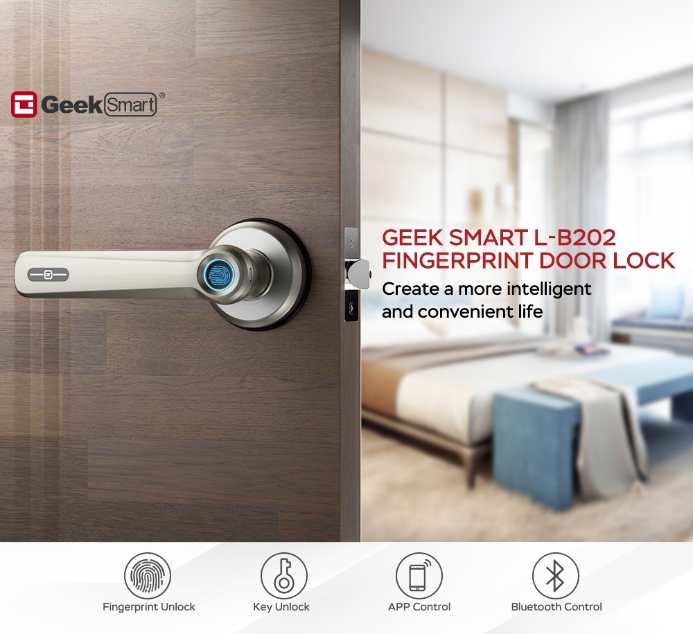 Geek Smart L-B202 3 in 1 Fingerprint Door Lock with Handle, Mechanical Key, APP Remote Control, Auto Lock, for Bedrooms, Homes, Apartments, Office, Hotels - Silver