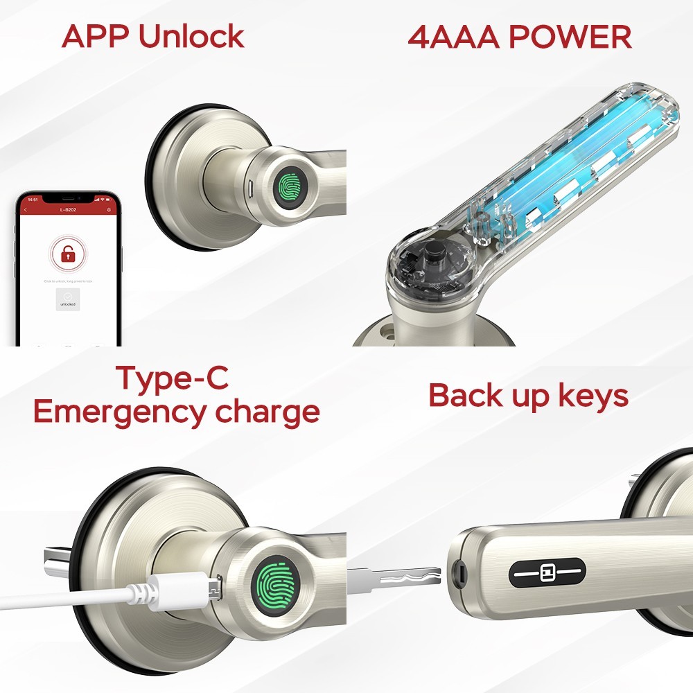 Geek Smart L-B202 3 in 1 Fingerprint Door Lock with Handle, Mechanical Key, APP Remote Control, Auto Lock, for Bedrooms, Homes, Apartments, Office, Hotels - Silver