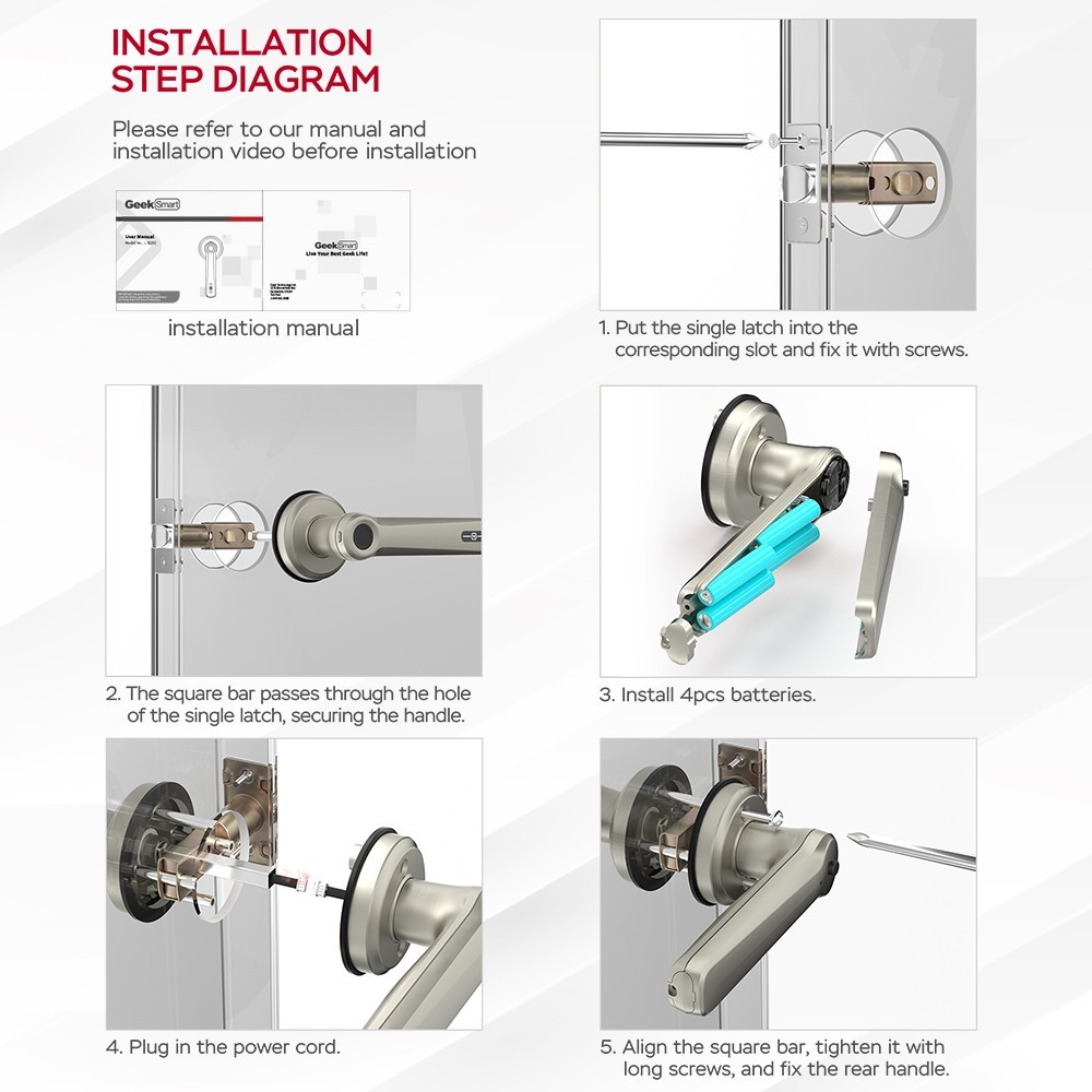 Geek Smart L-B202 3 in 1 Fingerprint Door Lock with Handle, Mechanical Key, APP Remote Control, Auto Lock, for Bedrooms, Homes, Apartments, Office, Hotels - Silver