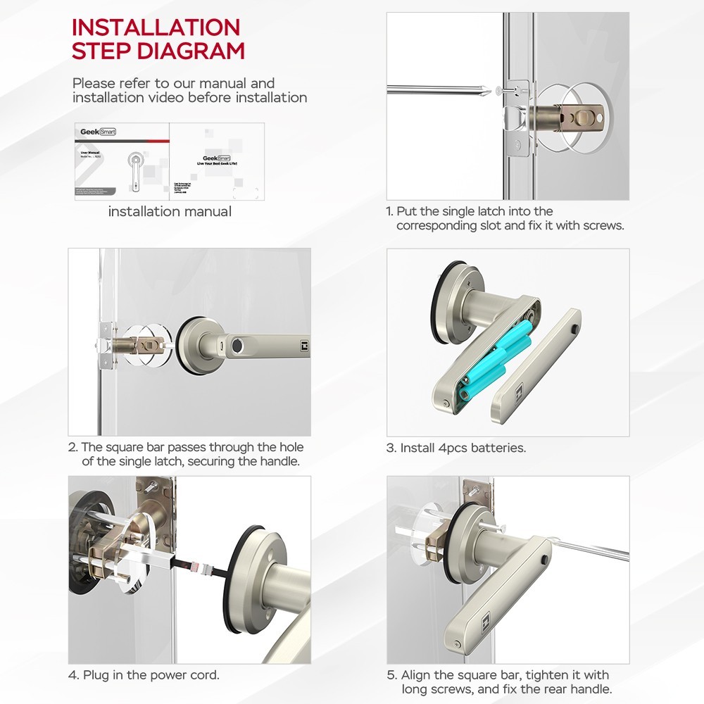 Geek Smart L-B203 2 in 1 Fingerprint Door Lock with Handle, Mechanical Key, Auto Lock, for Homes, Apartments, Office, Hotels - Silver