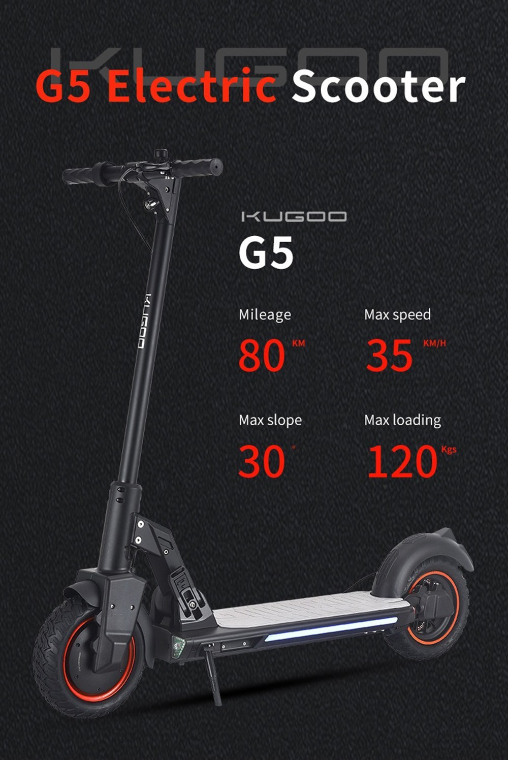 KUGOO G5 Folding Electric Scooter 10 inch Tire 500W Motor 22 MPH Max Speed 48V 16Ah Battery 50 Mile Max Range - Black