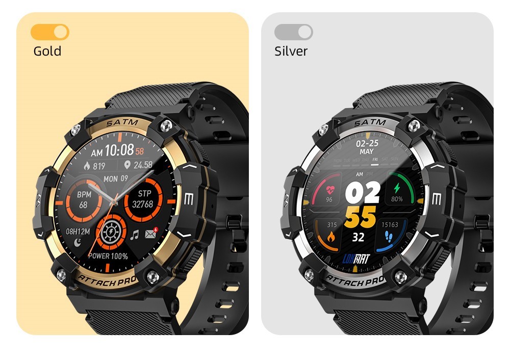 LOKMAT ATTACK 2 Pro Smartwatch 1.39'' TFT LCD Screen Bluetooth 5.2 IP68 Waterproof Heart Rate & Blood Pressure Monitor, Fitness Tracker - Gold