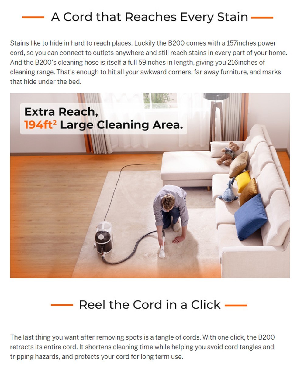 UWANT B200 Multifunctional Cloth Cleaning Machine Vacuum Spot Cleaner Integration Washing Machine 12000Pa Suction 1500ML Water Tank Self-Cleaning Low Noise for Carpet Sofa Curtain Mattress Upholstery - Grey