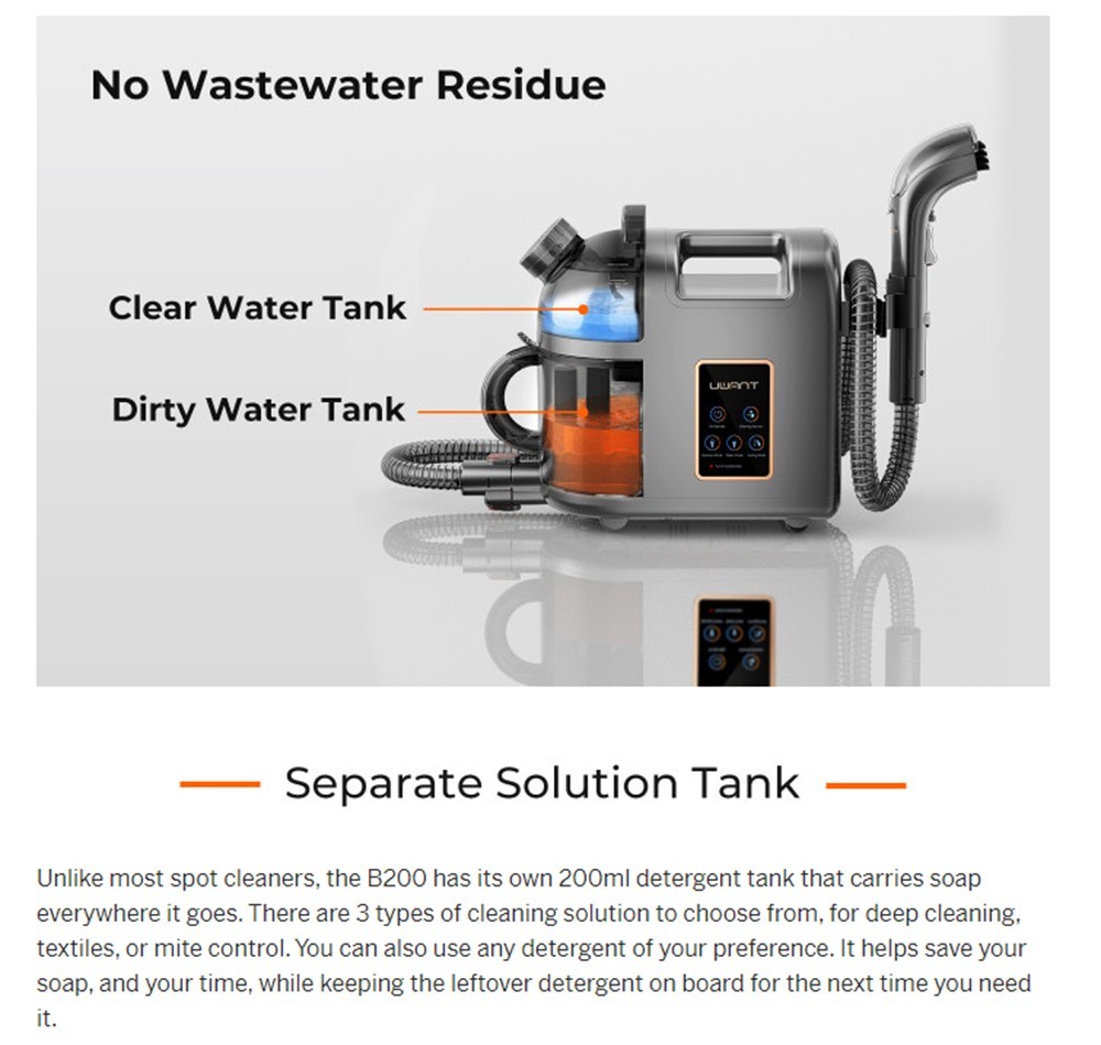UWANT B200 Multifunctional Cloth Cleaning Machine Vacuum Spot Cleaner Integration Washing Machine 12000Pa Suction 1500ML Water Tank Self-Cleaning Low Noise for Carpet Sofa Curtain Mattress Upholstery - Grey