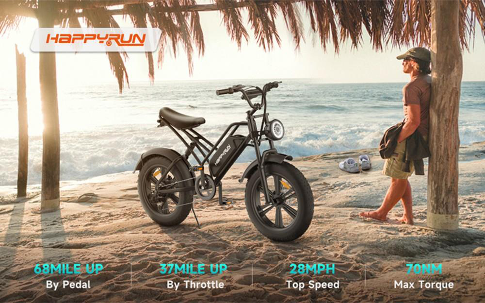 Elektrobicykel HAPPYRUN HR-G50 20*4.0 Inch Fat Tires 48V 18Ah Battery 750W Motor 45Km/h Max Speed Retro Ebike Max Load 150kg Shimano 7-Speed Gear