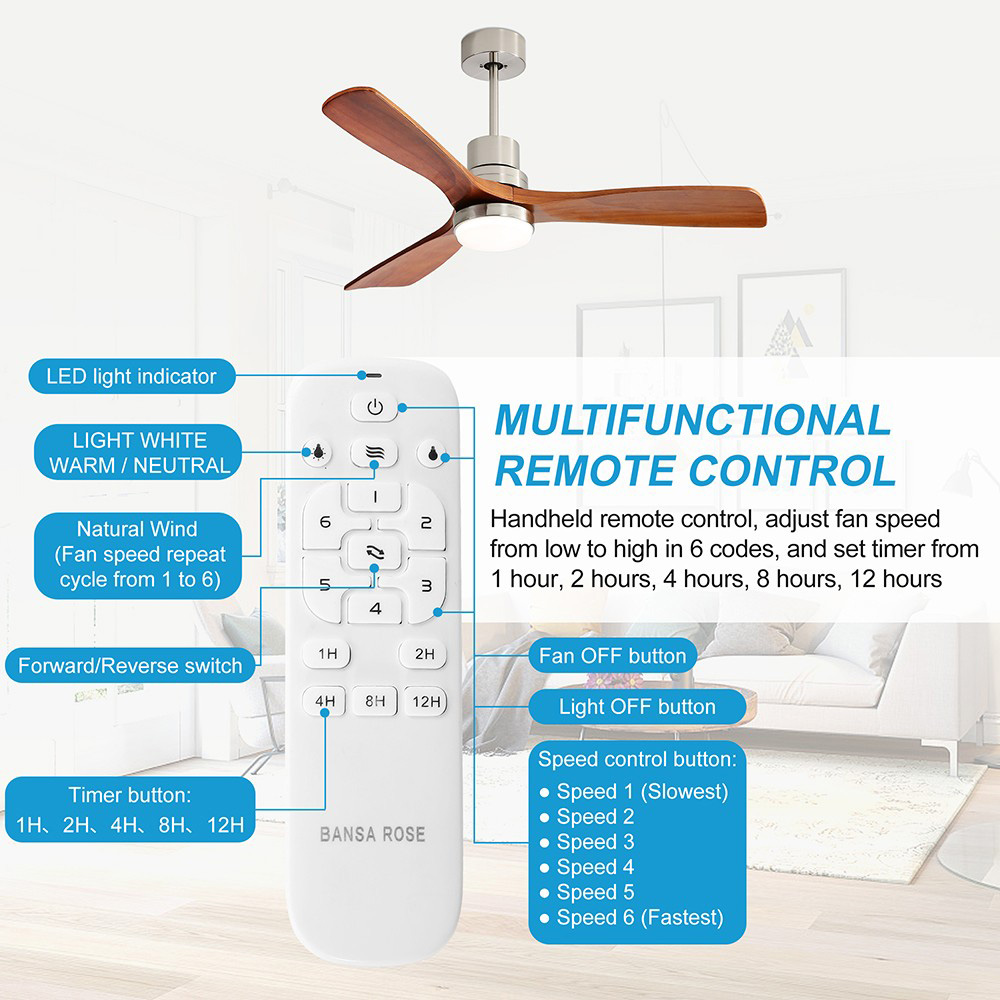 52 inch Ceiling Fan with Lights and Remote Control, 6 Wind Speed, 5 Level Timer, 3 Wood Blades, Noiseless Reversible DC Motor - Light Brown