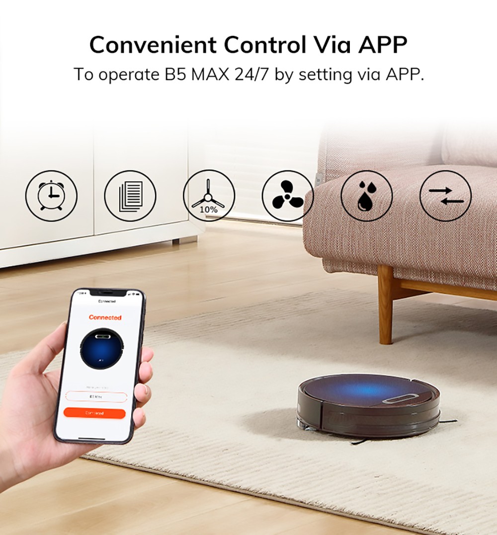 ILIFE B5 Max Robot Vacuum Cleaner 2000Pa Suction 2 In 1 Vacuuming and Mopping 600ml Large Dust Box 1L Dust Bag Real-time Drawing APP Control - Blue