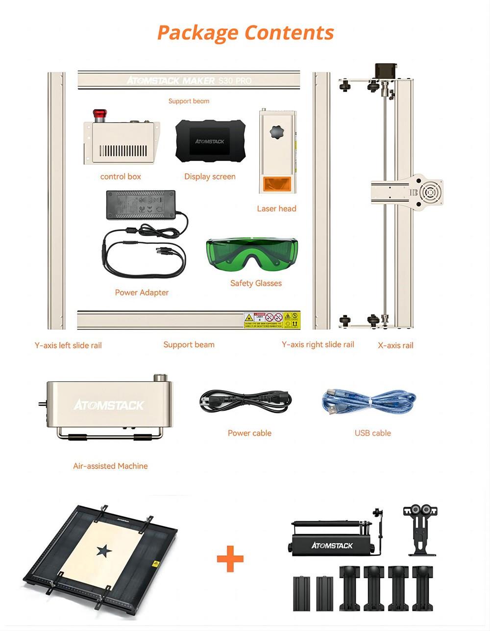 ATOMSTACK Maker S30 Pro 33W Laser Cutter + R3 Pro Rotary Roller + F1 Laser Bed