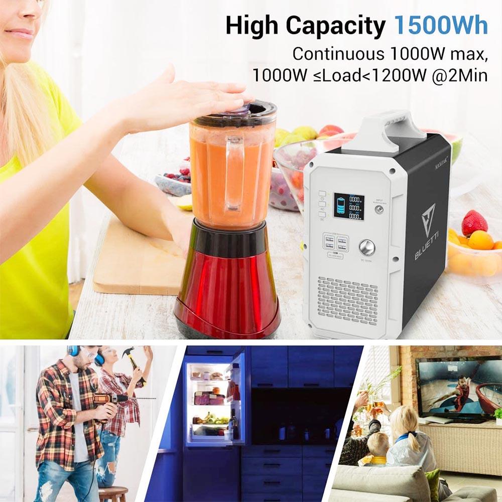 BLUETTI Poweroak EB150 Power Station, 1500 Wh/1000 W (101351 mAh/14.8 V), Battery Generator with Lithium Battery, 2xAC Outlets(Standard AC230 V EU Plug), 1xDC12 V for Car, 1xPD Type C (max. 45 W) for USB-C and 4xUSB 5V/3A Outputs, for Outdoor - Blue