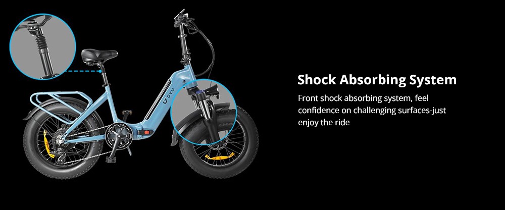 DYU FF500 Foldable Electric Bike 20 Inch Fat Tire 500W Motor 32Km/h Max Speed 48V 14Ah LG Battery 70KM Range 150KG Load Front & Rear Disc Brakes Shimano 7-Speed Gear