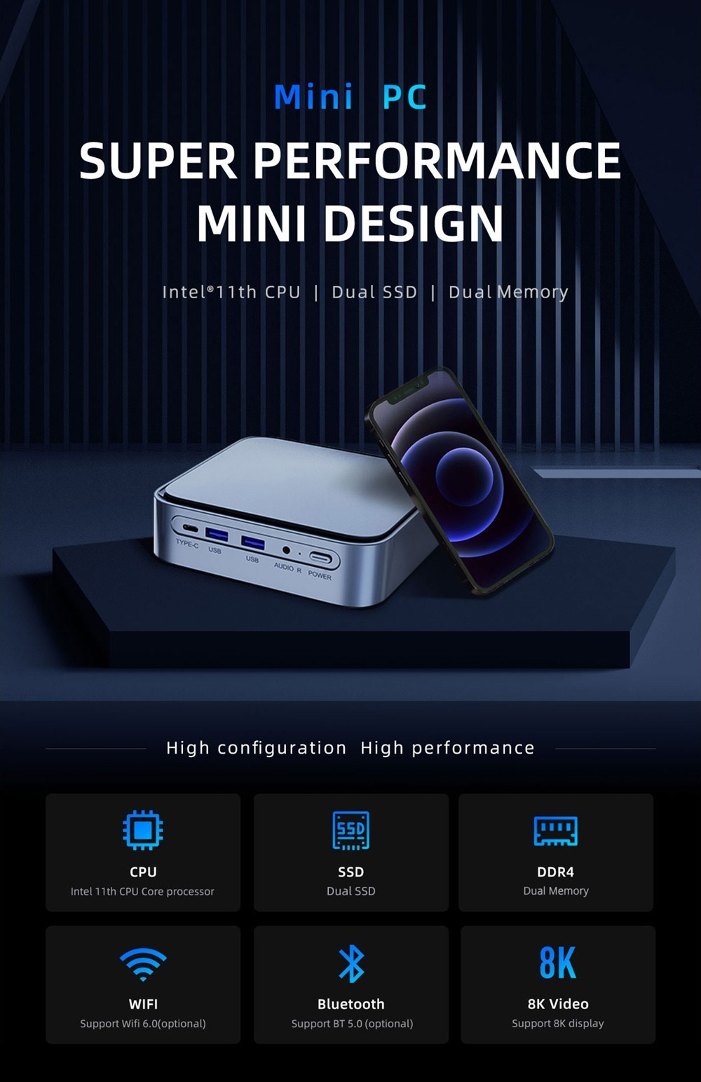 TK11-B0 Mini PC, 11th Gen Intel Core i5-1135G7 up to 4.2GHz, 16GB DDR4 1TB SSD, 4K 60Hz UHD HDMI DP Type-C Triple Display, Wi-Fi 6 Bluetooth 5.2 1000Mbps Gigabit Ethernet, USB3.0x4 3.5mm Audio, VESA Mount, Windows 11 Pro, for Home/Office - US Plug