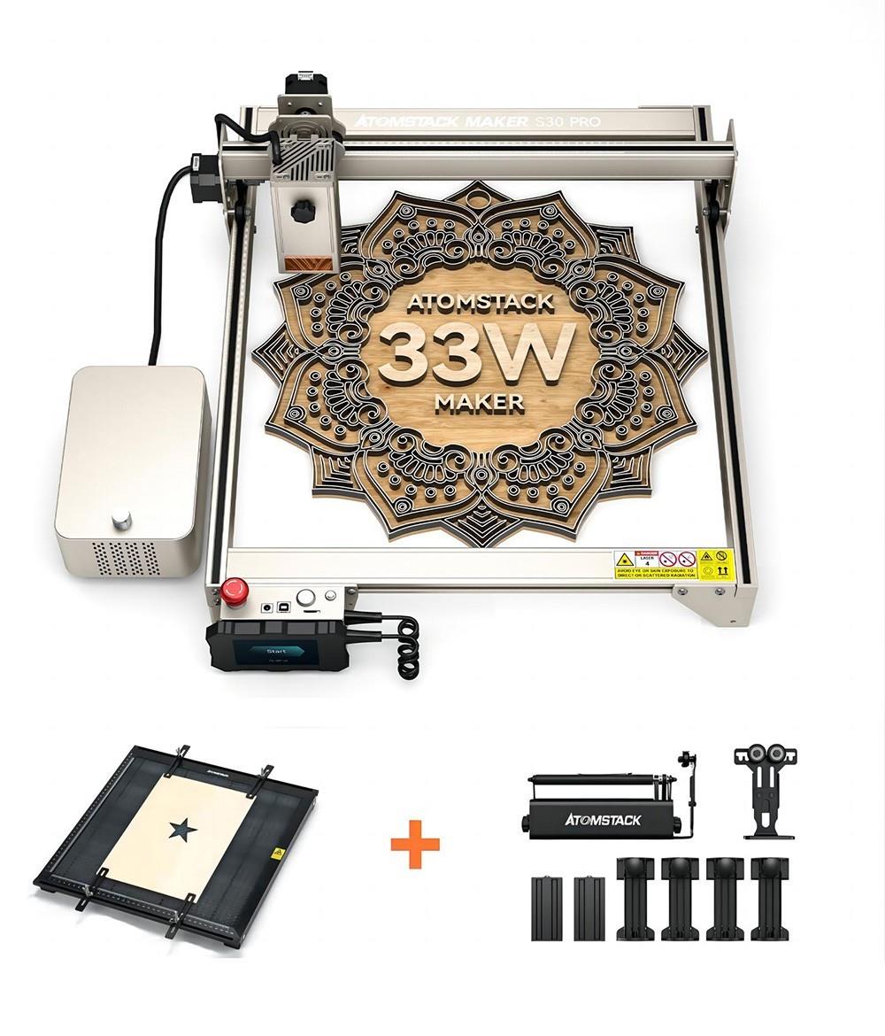 ATOMSTACK Maker S30 Pro 33W Laser Cutter + R3 Pro Rotary Roller + F1 Laser Bed