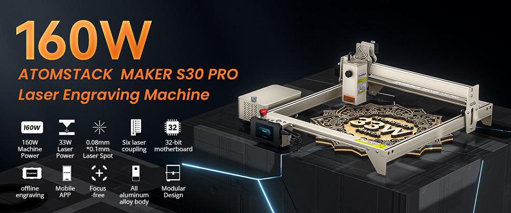 ATOMSTACK Maker S30 Pro 33W laserová rezačka + rotačný valec R3 Pro + laserové lôžko F1