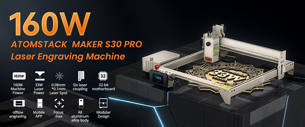 ATOMSTACK Maker S30 Pro 33W Laser Cutter + R3 Pro Rotary Roller + F1 Laser Bed