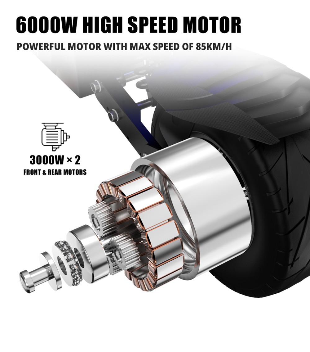 DUOTTS D99 Off-Road Electric Scooter 13 palcových pneumatík 3000W*2 Duálne motory 85Km/h Maximálna rýchlosť 60V 42Ah batéria 120km dlhý dojazd 150KG Maximálne zaťaženie Duálne tlmenie nárazov so smerovými svetlami Predná & Zadná hydraulická brzda Olejová brzda