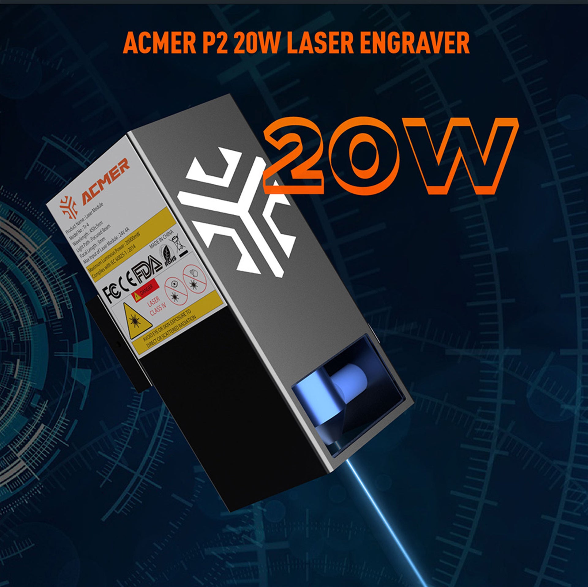 ACMER P2 20W laserová gravírovacia fréza, pevné zaostrenie, gravírovanie rýchlosťou 30000 mm/min, veľmi tichý automatický vzduchový asistent, 0.01mm presnosť gravírovania, ovládanie aplikácie pre iOS Android, 420*400mm