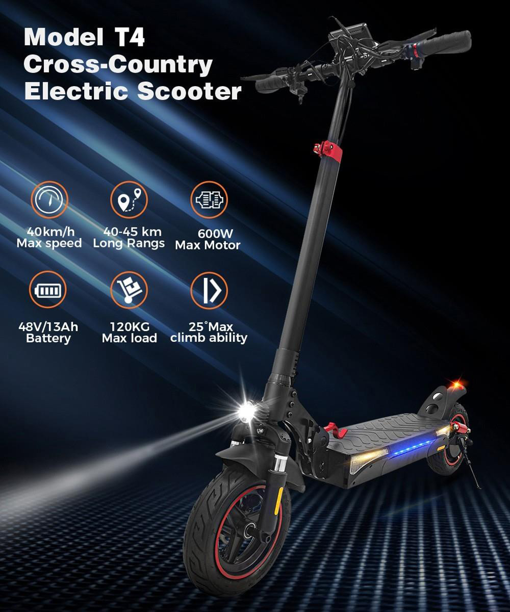 iScooter T4 Electric Scooter 10in Honeycomb Tire 600W Motor 40km/h Max Speed 48V 13Ah Battery 40-45km Range 120kg Load