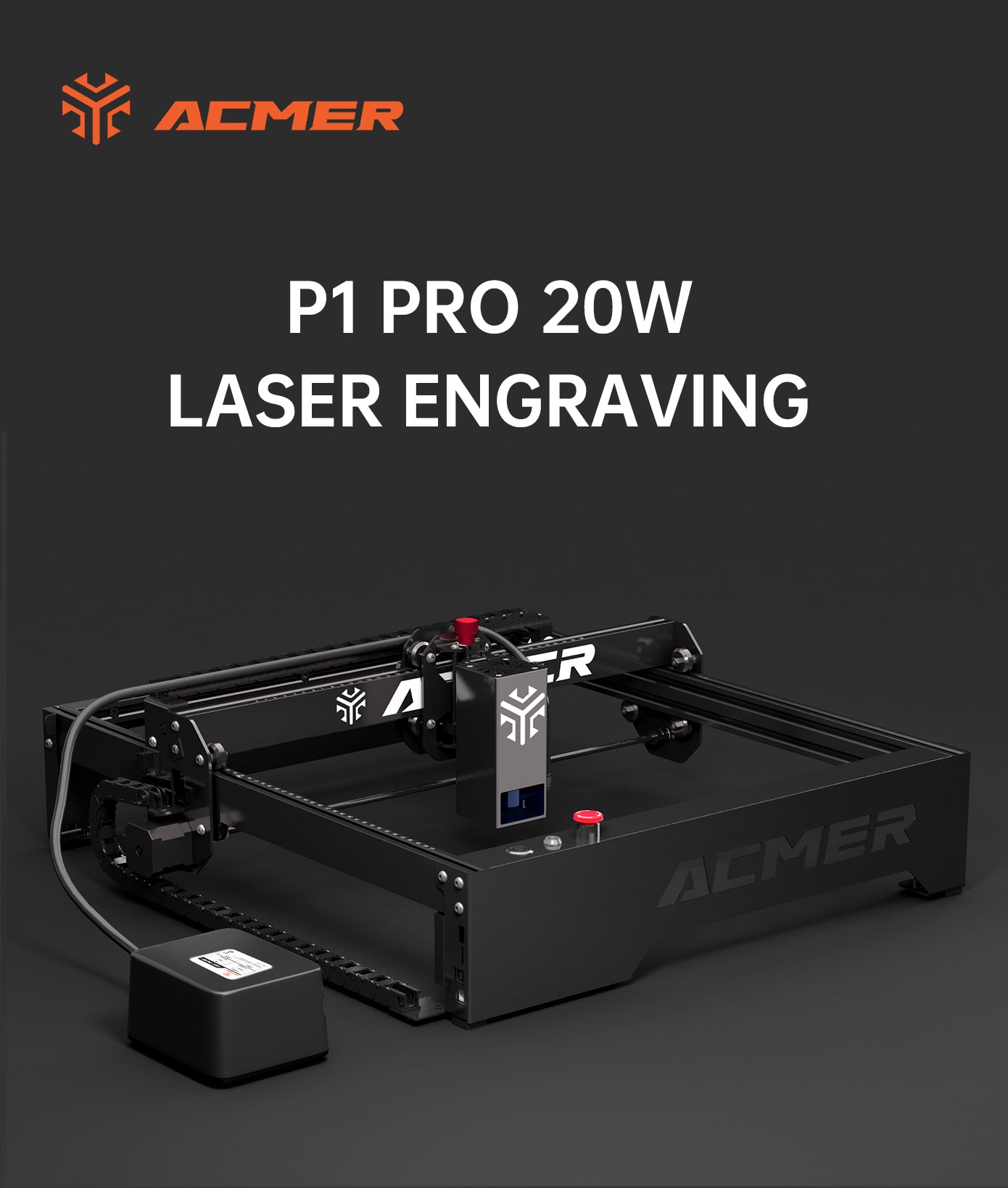 ACMER P1 Pro 20W laserová gravírovacia fréza, vzduchový asistent, pevné zaostrenie, 0,06*0,08 mm bod, 0.01mm presnosť gravírovania, rýchlosť gravírovania 10000mm/min, pripojenie k aplikácii, 400*390mm