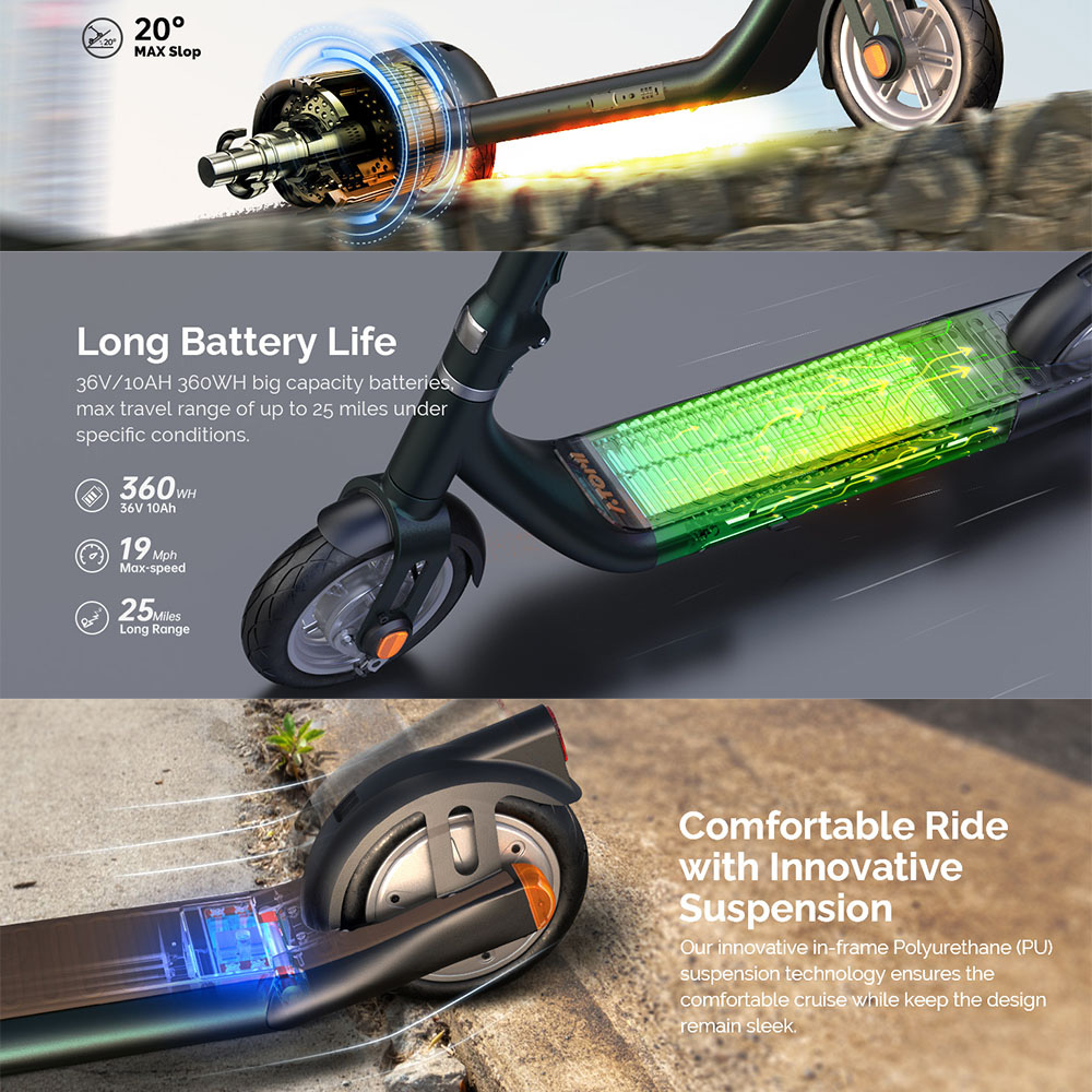 Atomi Alpha Folding Electric Scooter 9 Inch Tires 650W Motor 18.5 Mph Max Speed 36V 10Ah Battery for 25 Miles Max Range 265lbs Max Load Support App Control Built-in Combination Lock - Zinc White