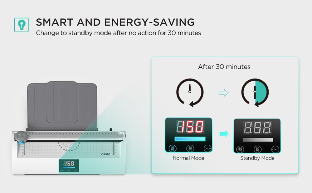 ABOX Pixseal 2 Laminator Machine, Hot Cold Laminating Modes, 350mm/min Laminating Speed, Warning Buzzer, LCD Temperature Display, ABS Function - White