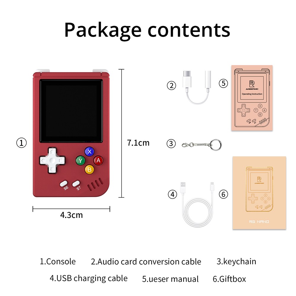 ANBERNIC RG Nano Handheld Game Console 64MB DDR2 + 128GB TF Card, Linux - Red