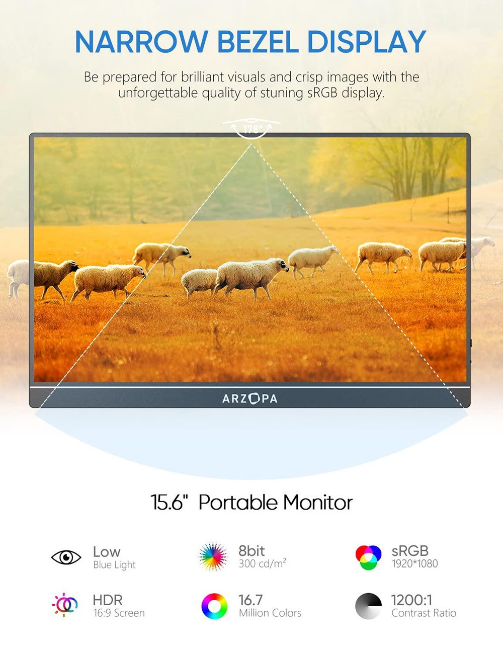 ARZOPA 15.6in Portable Monitor 1920*1080, 60Hz Refresh Rate, HDR 10, Built-in Dual Speakers