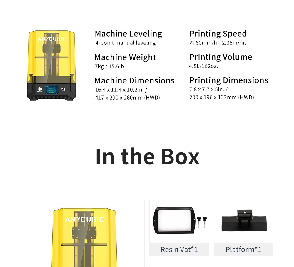 Anycubic Photon Mono X2 Resin 3D Printer, 9.1 inch 4K+ Screen, Max 60mm/h Printing Speed, Anycubic LighTurbo, 3.5 inch TFT Touch Control, 200x196x122mm