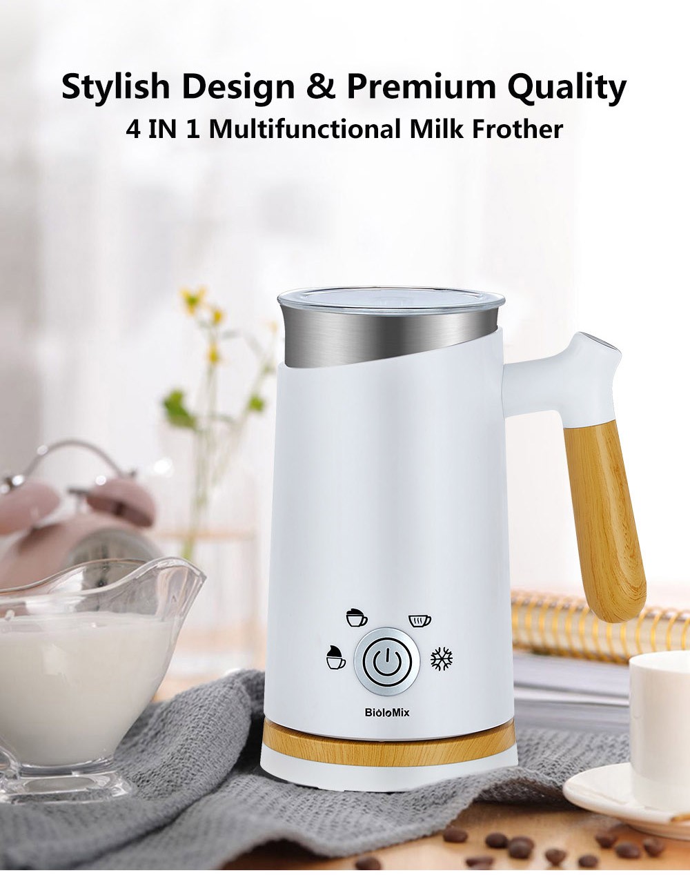 BioloMix BN11 4 in 1 Hot and Cold Milk Frother, 150ml Froening Capacity, 300ml Heating Capacity