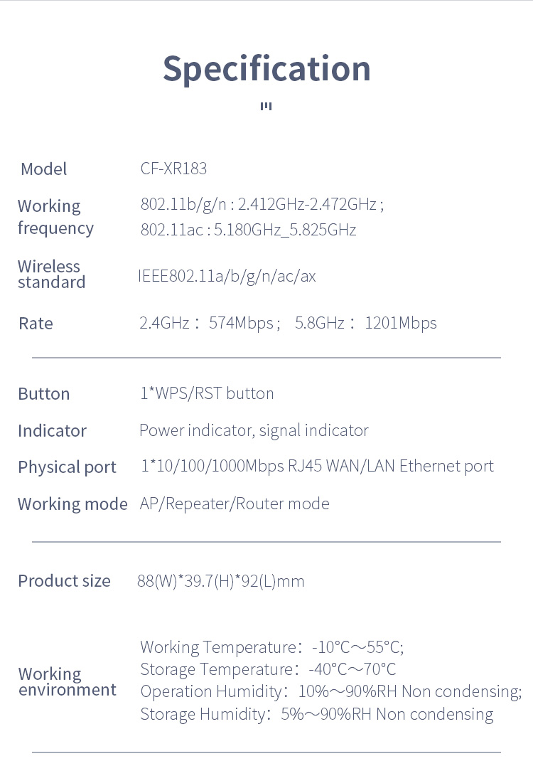 Opakovač bezdrôtového smerovača COMFAST CF-XR183 do 1200 M 4*2dBi antény Opakovač signálu WiFi, WiFi 6 - USA