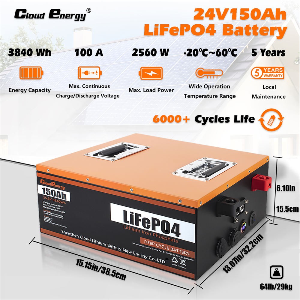 Cloudenergy 24V 150Ah LiFePO4 Battery Pack Backup Power, 3840Wh Energy, 6000+ Cycles, Built-in 100A BMS, Support in Series/Parallel, Perfect for Replacing Most of Backup Power, RV, Boats, Solar, Trolling motor, Off-Grid