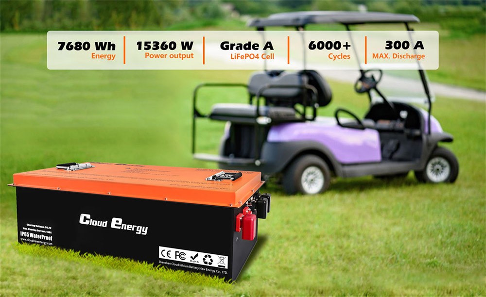 Cloudenergy 48V 150Ah LiFePO4 Deep Cycle Battery Pack for Golf Cart, 7680Wh Energy, Built-in 300A BMS, 6000+ Cycles Life