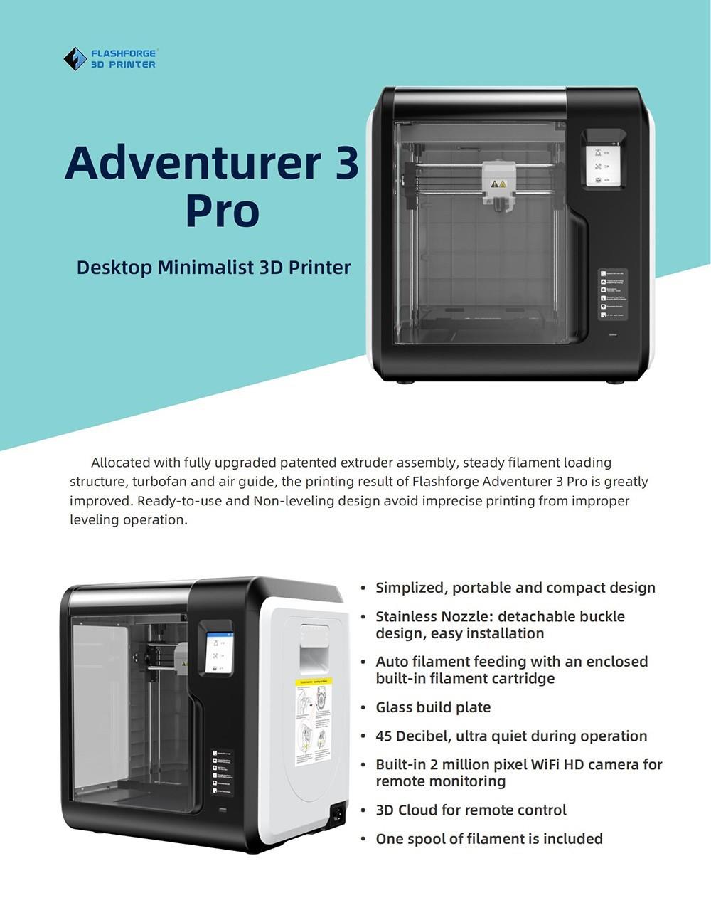 Flashforge Adventurer 3 Pro 3D Printer, Auto Leveling, Removable Nozzle, Filament Detection, Camera Monitor, Glass Build Plate, Ultra-Mute, Cloud Printing, 150*150*150mm