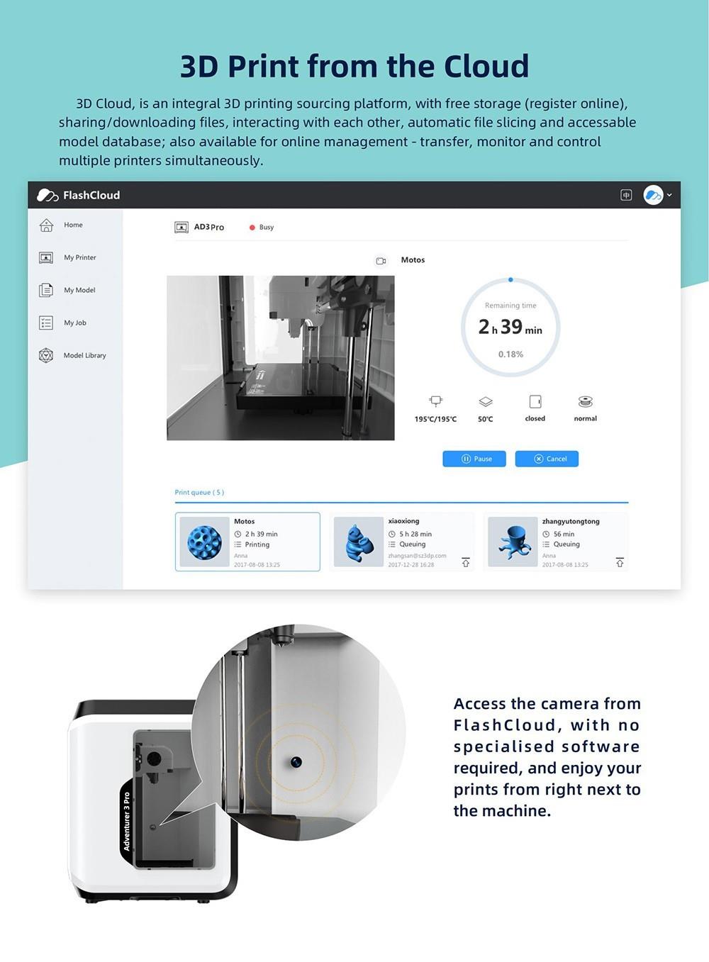 Flashforge Adventurer 3 Pro 3D Printer, Auto Leveling, Removable Nozzle, Filament Detection, Camera Monitor, Glass Build Plate, Ultra-Mute, Cloud Printing, 150*150*150mm