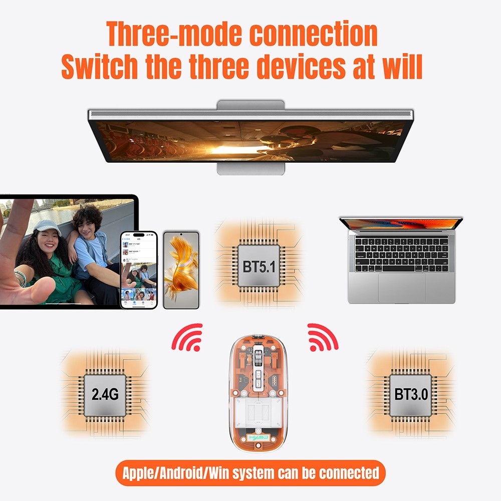 HXSJ T900 2.4G & Bluetooth Wireless Mouse 800-2400 DPI Adjustable RGB Light Mute Click - Orange