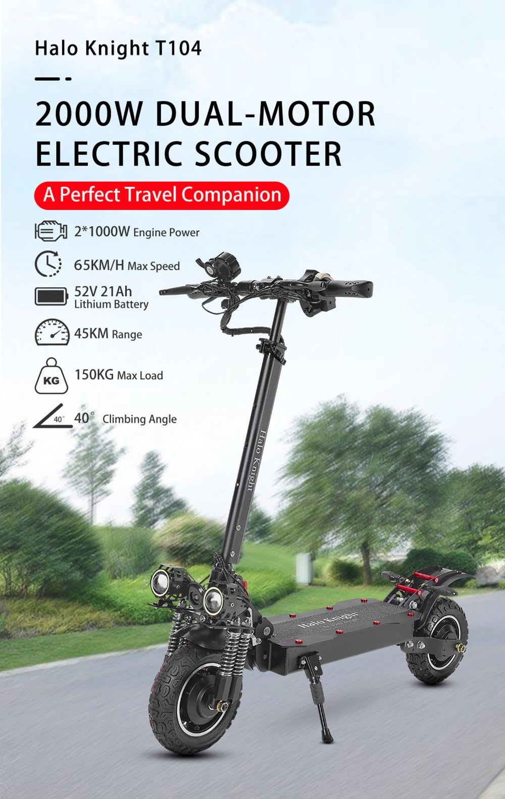 Halo Knight T104 Electric Scooter 10 inch Off-road Tires 52V 1000W*2 Motor 65km/h Max Speed 52V 21Ah Battery 45km Range