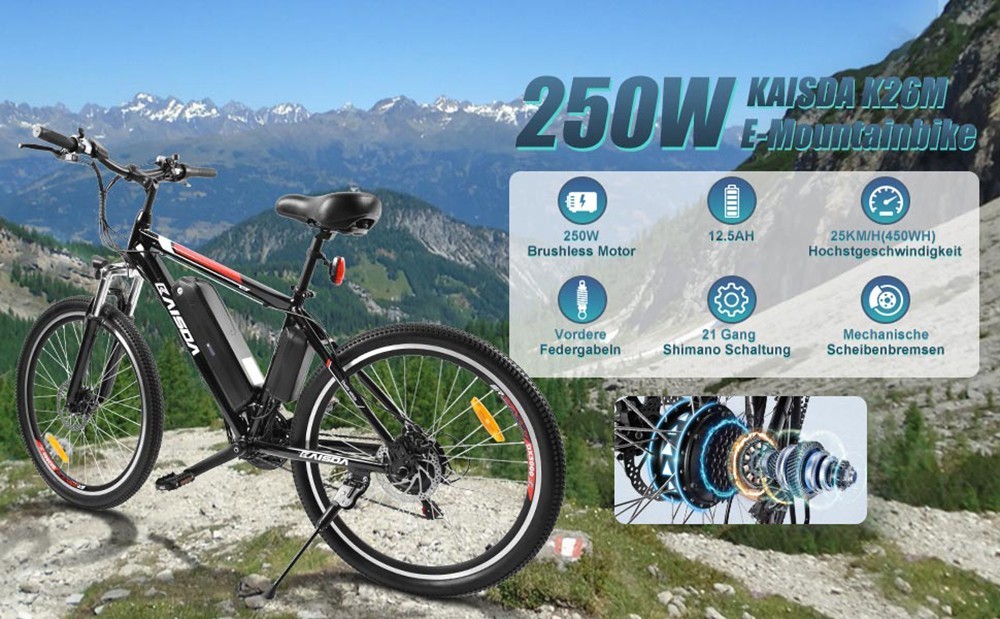 KAISDA K26M Elektrický mestský bicykel 26*1,95in Pneumatiky 36V 250W Motor 25km/h Max. rýchlosť 12.5Ah batéria 40-70km dojazd 120kg záťaž