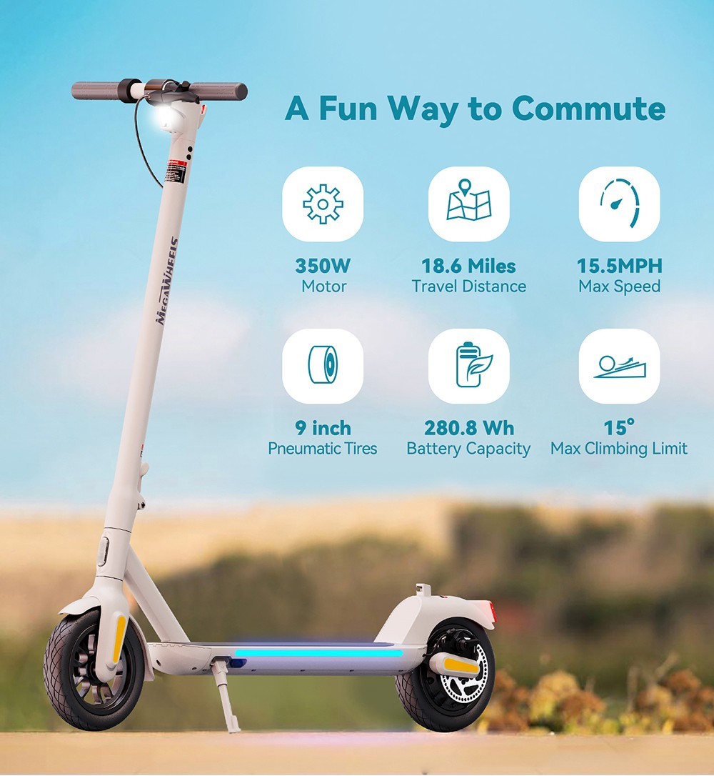 Megawheels A5 Electric Scooter 9in Puncture-proof Tires 36V 350W Motor 25km/h Max Speed 7.8Ah batéria 30km dojazd - biela