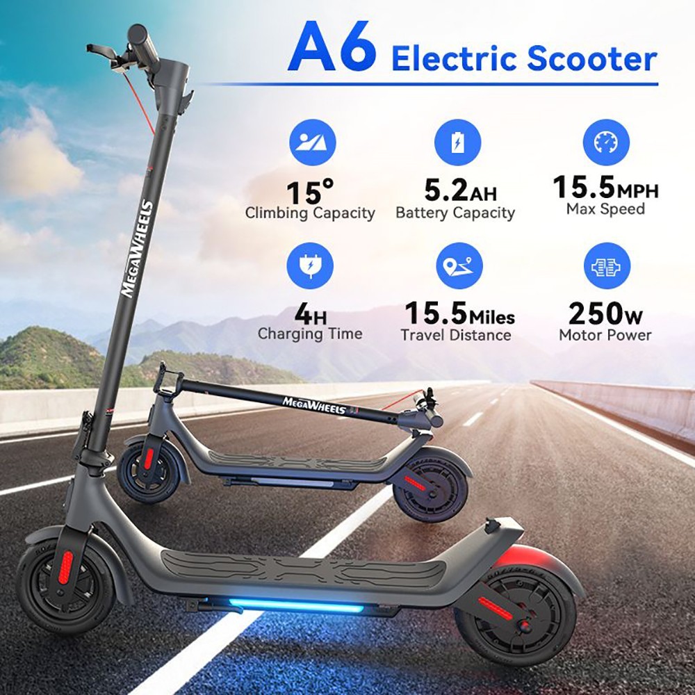 Megawheels A6 Electric Scooter 9in Puncture-proof Tires 36V 250W Motor 25km/h Max Speed 5.2Ah batéria 25km dojazd - čierna