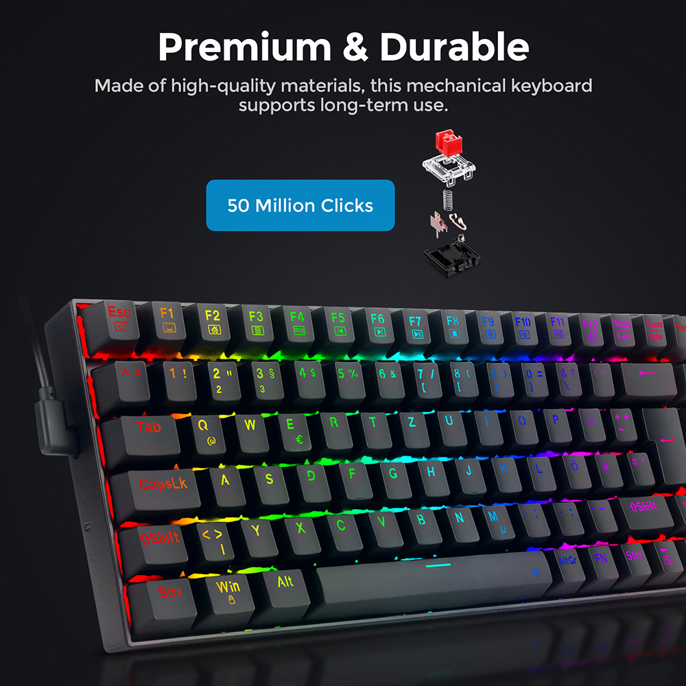 Redragon K629-RGB 75% RGB Backlight Mechanical Gaming Keyboard 84 Keys Red Switch DE Layout Black