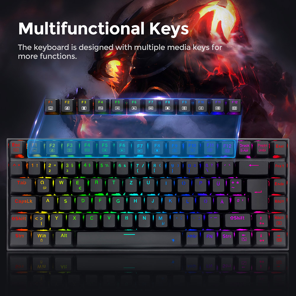 Redragon K629-RGB 75% RGB Backlight Mechanical Gaming Keyboard 84 Keys Red Switch DE Layout Black