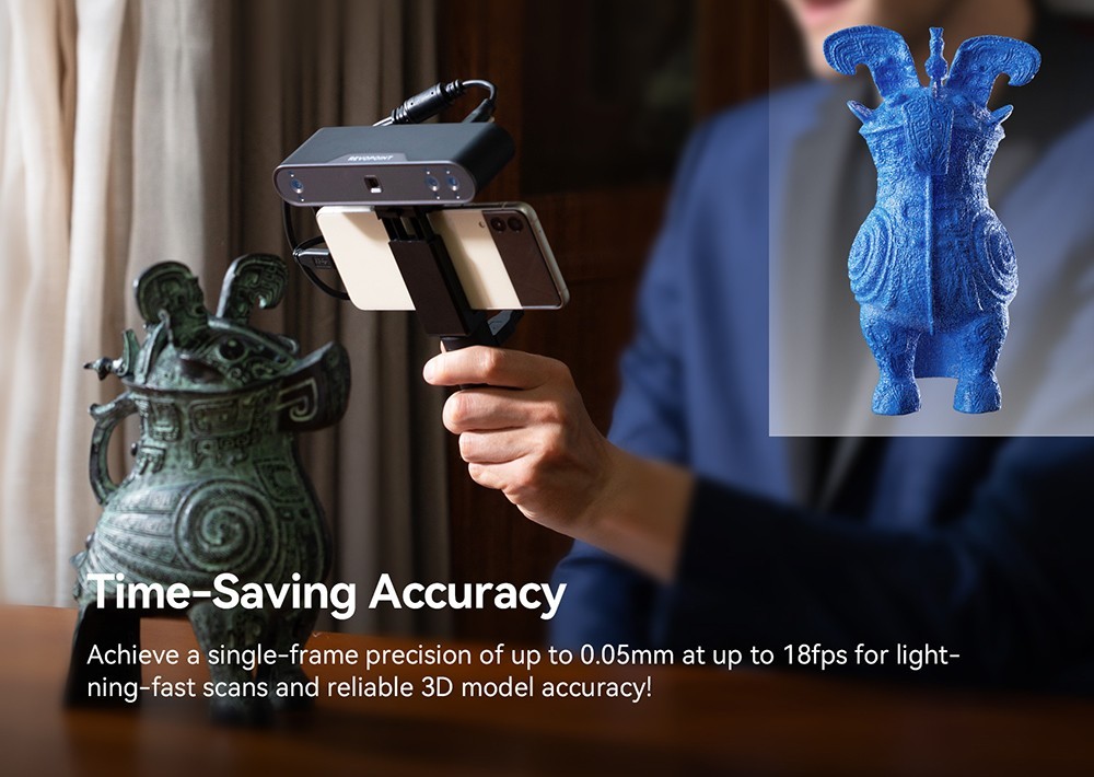 Revopoint POP 3 3D Scanner Standard Edition, 0.05mm Single-Frame Precision, 0.05mm Point Distance, 400mm Max Scan Distance, Up to 18fps Scan Speed, Color Scanning, Minimum Scan Volume 20x20x20mm