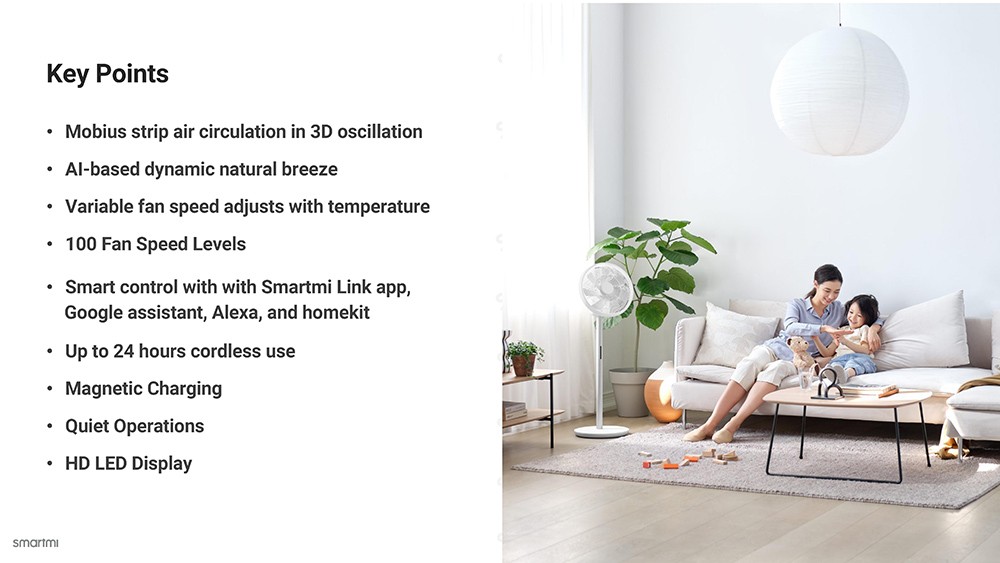 Smartmi Air Circulator Standing Fan, 100 Levels Fan Speed, Magnetic Charging, HD LED Display, Up to 40 Hours Runtime, App/ Voice/Remote Control