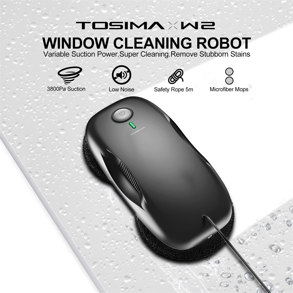 Robot na čistenie okien TOSIMA W2, sací výkon max. 3800Pa, inteligentné plánovanie dráhy, detekcia hrán, diaľkové ovládanie, záložná batéria 25 min, s 12 mopmi - čierny