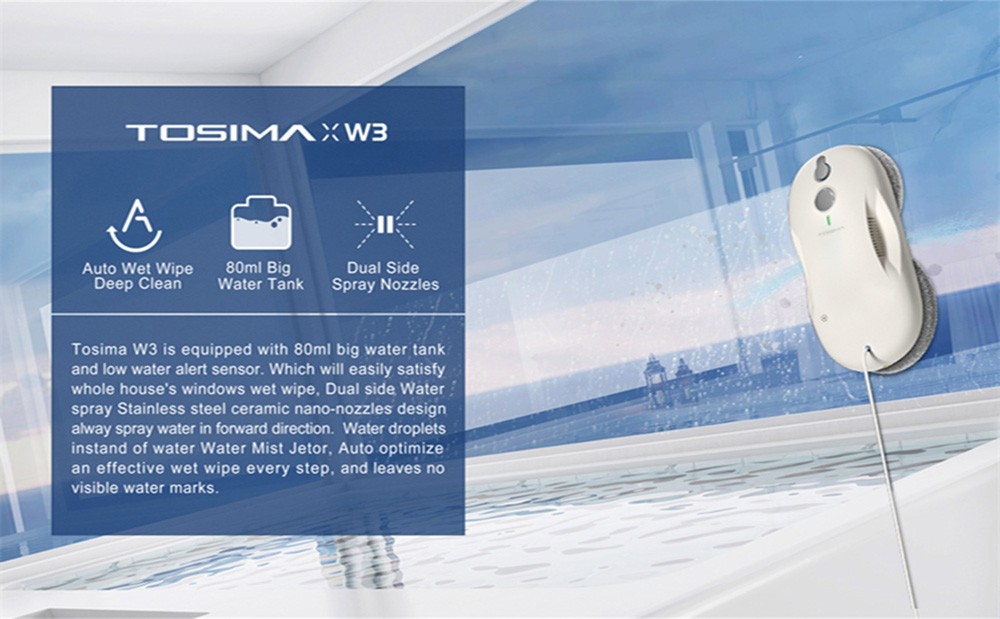 TOSIMA W3 Robot na čistenie okien, Max. 3800Pa sanie, obojsmerný automatický rozprašovač, 80ml nádrž na vodu, inteligentné plánovanie trasy, 30min záložná batéria, ochrana proti pádu, APP/diaľkové ovládanie, s 12 mopmi - biely