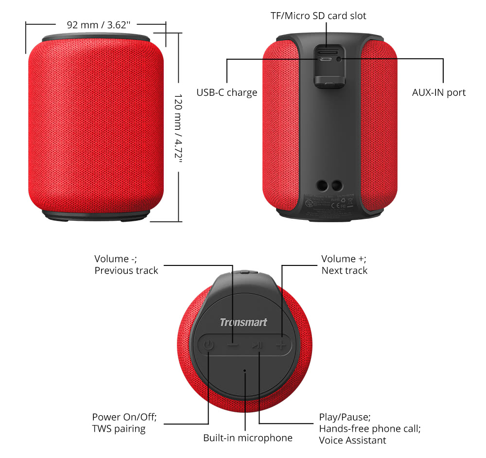 Refurbished Tronsmart Element T6 Mini Bluetooth 5.0 Speaker with 360-degree Surround, Deep Bass, IPX6 Waterproof, 24H Playtime - Red